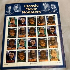 Classic Movie Monsters 32¢ Commemorative Stamp Sheet - Blue & Gold
